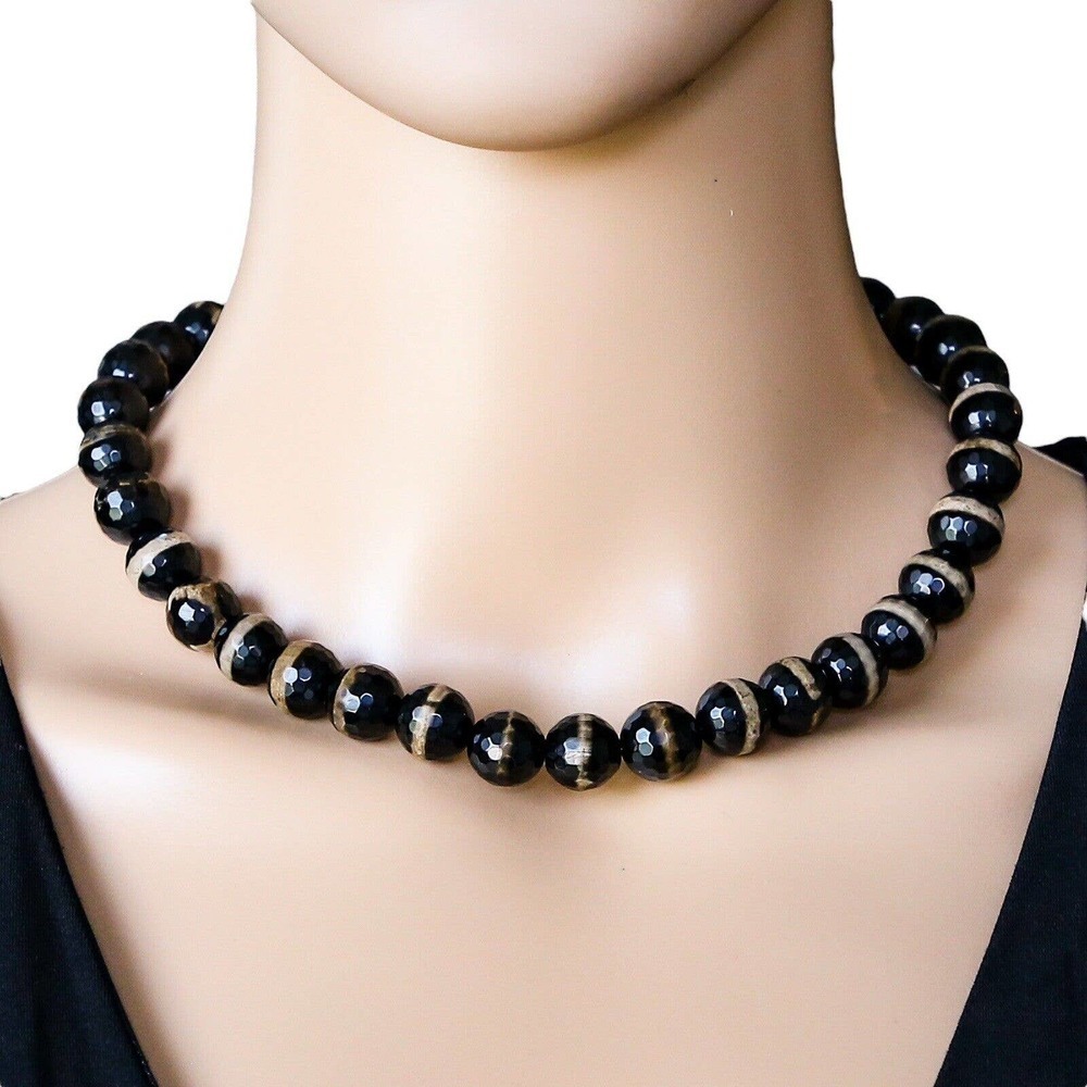 Black Banded Agate Natural Stone Multifaceted Bead Necklace 16”